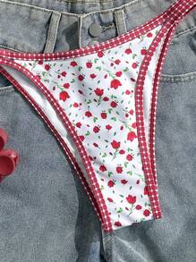 Swim Mod 女士沙滩装，复古浪漫碎花撞色边时尚性感红色比基尼套装 - 彩色 - 查看 4