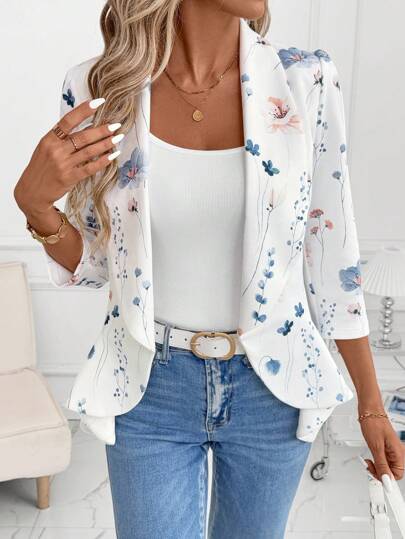 SHEIN Clasi 女式优雅花卉印花束腰七分袖白色荷叶边下摆开襟西装外套