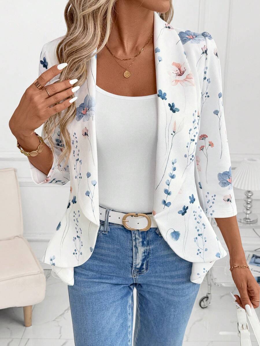 SHEIN Clasi 女式优雅花卉印花束腰七分袖白色荷叶边下摆开襟西装外套