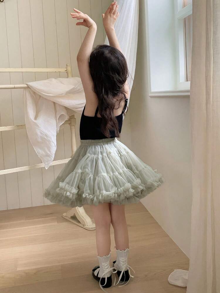 2pcs Young Girl Cute Solid Camisole With Mesh Ruffled Short Sleeve Set, Korean Style, Girls Summer Outfits