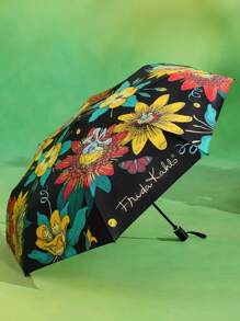 Frida Kahlo X SHEIN 1 pieza Paraguas con estampado floral de artista, con recubrimiento adhesivo negro antisolarde talla grande de 50 de protección UV, apto para la escuela, el trabajo, salir y uso diario, diseñado para estudiantes universitarios, estudiantes de secundaria y mujeres, floral, artístico, elegante