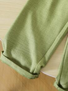 Genkimix Kids 女孩休闲度假百搭领扣腰带柔软褶皱牛仔连体裤，适合秋季、野餐、郊游、搭配服装和日常穿着 - 綠色 - 查看 6