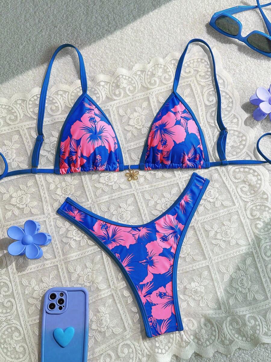 Swim Mod 2 件套，随机花卉印花金色花朵装饰吊带背心和高腰比基尼短裤，适合夏季海滩度假 - 彩色 - 查看 1