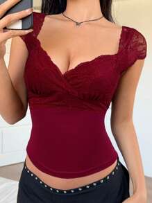 SHEIN EZwear Camiseta casual de encaje rojo burdeos para mujer, de verano - Burdeos - Ver 4