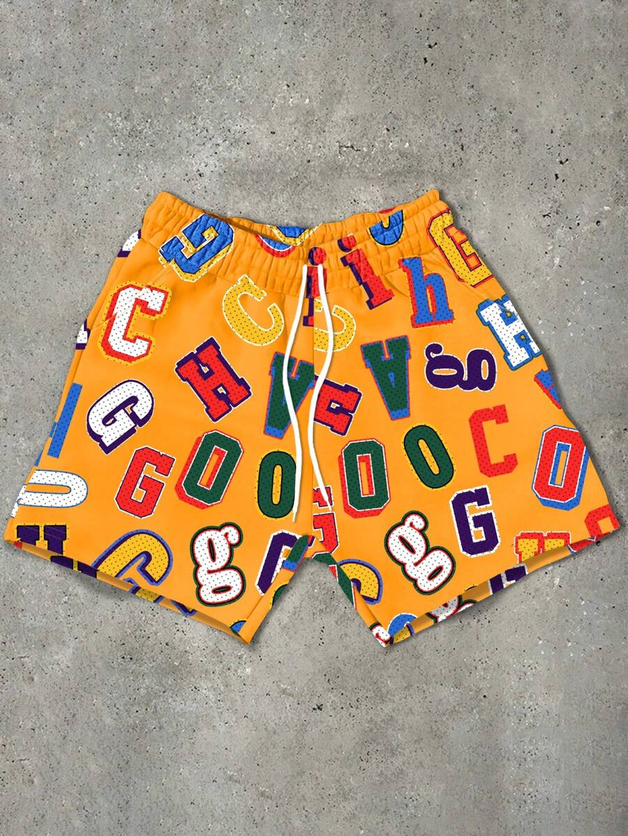 PAVTROS Men's Letter Print Drawstring Waist Casual Loose Shorts - Multicolor - View 1