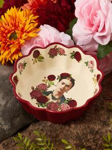 Frida Kahlo X SHEIN 1 pieza Tazón de cerámica con diseño de pétalos, resistente al calor, apto para microondas y lavavajillas, adecuado para cereales, frutas, sopas, etc.