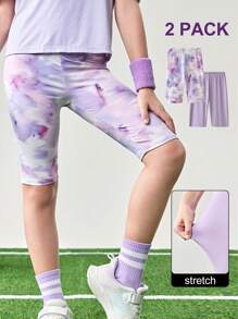 JNSQ 2 pièces/Set Short de sport serré professionnel pour préadolescentes, leggings de sport ajustés avec taille haute élastique imprimée et de couleur unie, combinaison, vêtements de rentrée scolaire