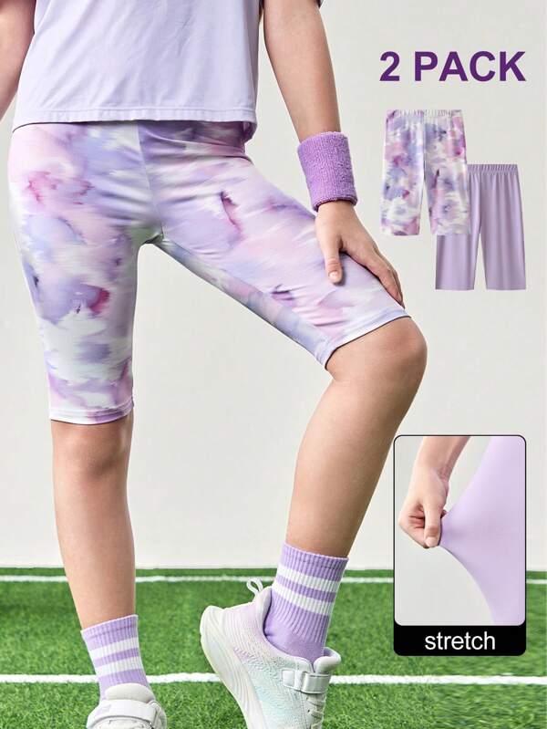 JNSQ 2 Stücke/Set Mädchen Outdoor Professionelle Sport Tight Shorts, Kinder Elastische Taille bedruckte und einfarbige Kombination Slim-Fit Sport Leggings