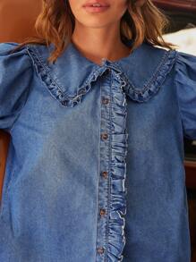 WESTFADE Cotton Blend Chambray Ruffle Collar Short Sleeve Button Up Shirt Cute Summer Denim Tops Country Concert European Summer Beach Vacation For Women - Medium Wash - View 2