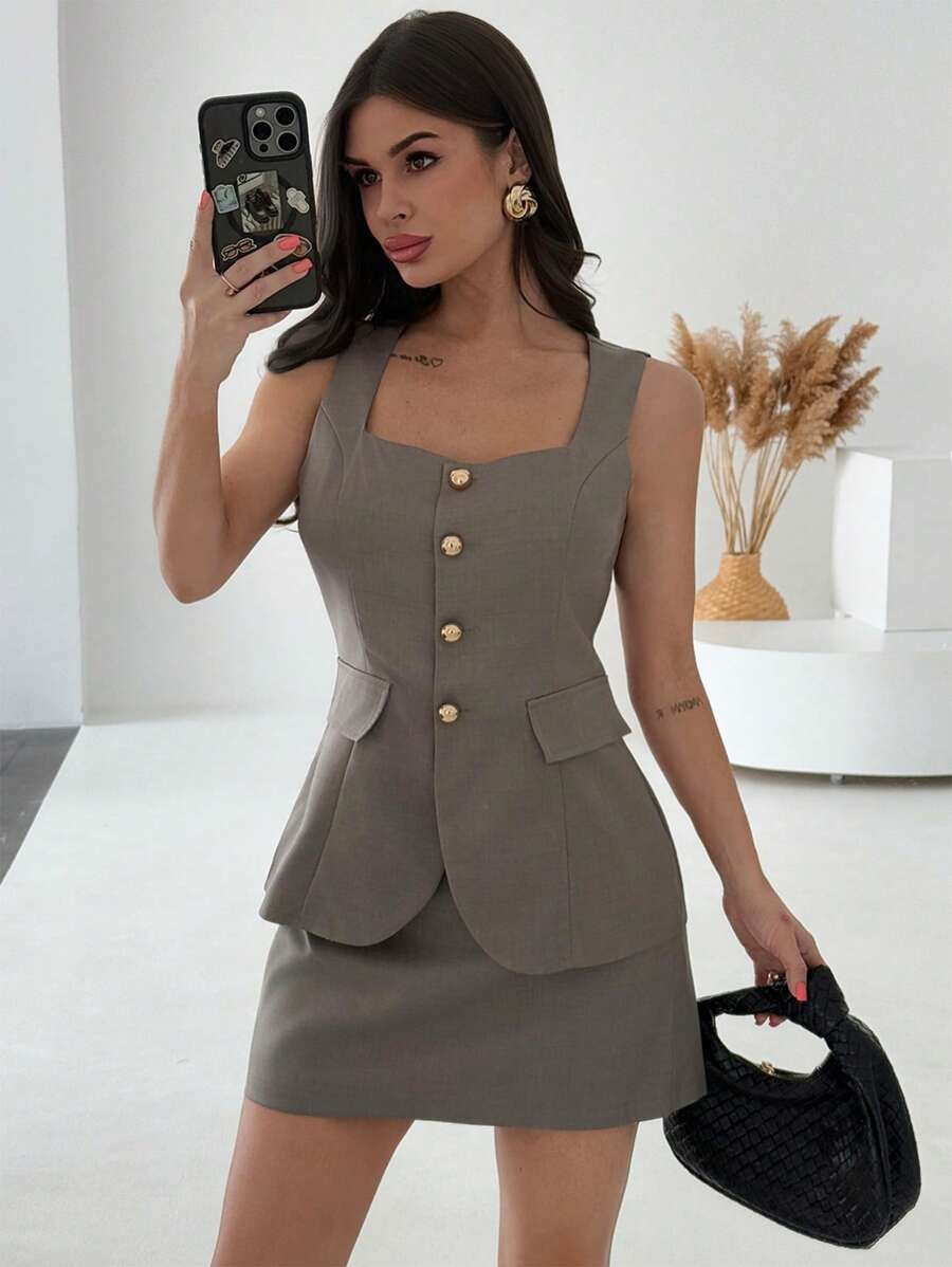 女士两件套服装，端庄 - 卡其色 - 查看 1