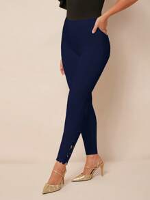 SHEIN PETITE CURVE 女式纯色松紧腰休闲紧身裤 - 藏蓝色 - 查看 5