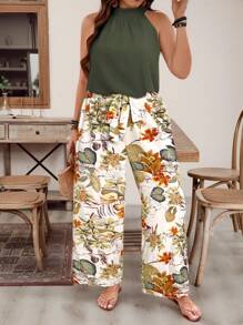 Breezaya Plus Size Solid Color Sleeveless Top & Long Pants 2 Pieces Set, Fashionable For Summer