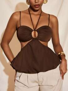 JUPITER Spaghetti Straps Neck Tie Cutouts Ruched Bustier Balloon Top Women Summer Vacation Casual Top