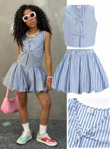 Coolane Kids Tween Girls Spring/Summer Streetwear Y2K Crop Tops Tank Tops Bubble Skirts Two Pieces Outfits - Blue and White - View 1