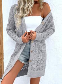 EMERY ROSE Casual Versatile Solid Color Hollow-Out Knit Cardigan Fall Winter Cloth For Women - Grey - View 5