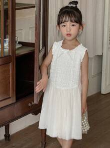 DAZY Vestido de Tule com Laço de Lantejoulas Estilo Coreano para Meninas, Vestido Sem Mangas de Comprimento Médio, Conjunto de Roupas de Verão para Meninas - Branco - Visão 2