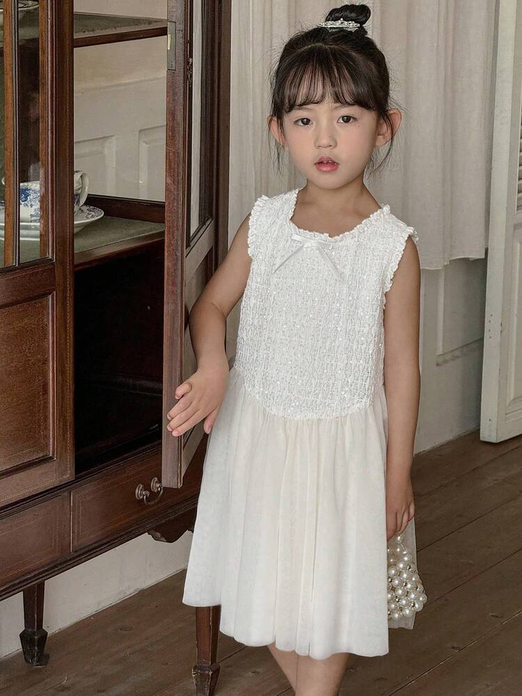 Young Girls Korean Style Sequin Bow Sleeveless Mesh Mid-Length Dress,Girls Summer Outfits