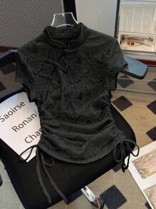 Franclia Women's Floral Jacquard Button-Down Drawstring Hem Chinese Style T-Shirt - Black - View 5