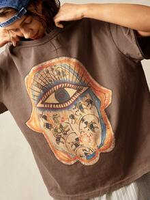 Bohemela 纯色针织圆领短袖宽松水洗女式T恤 - 棕色 - 查看 3