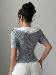DAZY 女式蕾丝领短袖修身衬衫，夏季 - 黑與白 - 查看 2