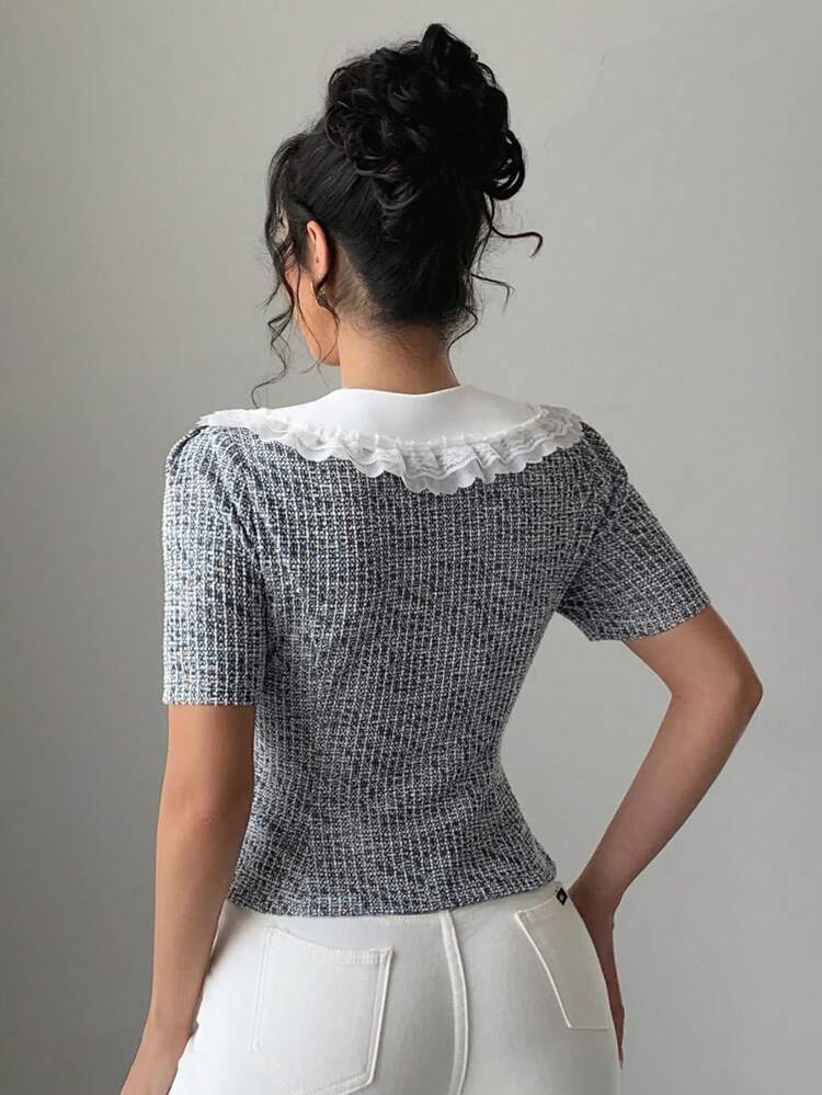 Women's Lace Collar Short Sleeve Fitted Blouse, Summer