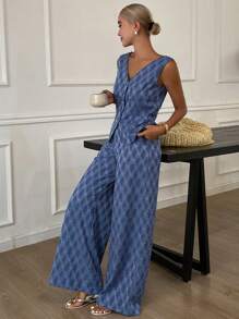 Livesso 女式无袖 V 领高腰背心上衣和宽松休闲长裤两件套，纹理牛仔材质，夏季