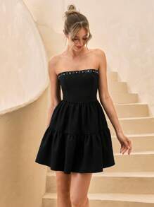 CLARA VERO Vestido con hombros descubiertos, silueta línea A, con aplicaciones de strass, romántico, elegante y chic