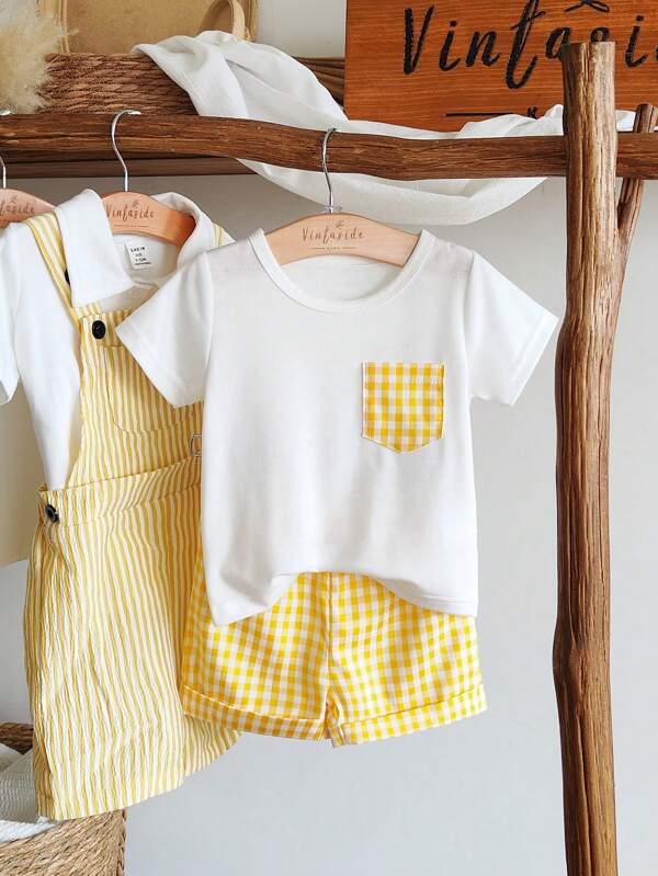 SHEIN Vintaside Kids Conjunto de ropa de niño bebé a cuadros amarillos, conjunto refrescante de verano, pantalones con dobladillo acanalado, uso casual con bolsillo de contraste