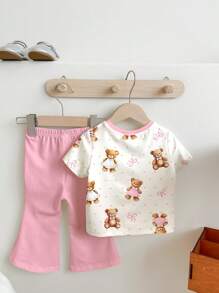 女婴休闲时尚经典可爱卡通粉色小熊、波尔卡圆点、蝴蝶结印花短袖圆领 T 恤和喇叭裤两件套，适合春夏季 - 彩色 - 查看 3