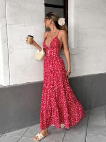 Pariaura 女士休闲碎花吊带背心连衣裙，春夏 - 紅色 - 查看 3