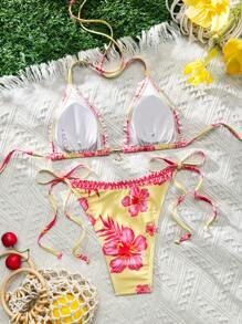 Swim Mod Damen Neuheit Sommer Gingham Volant V-Ausschnitt Neckholder Rückenfrei Wickelcord Dreieck Unterteil 2 Stücke Bikini Badeanzug