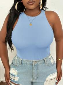 SHEIN PETITE CURVE 大码休闲修身白色圆领背心 - 淺藍色 - 查看 7