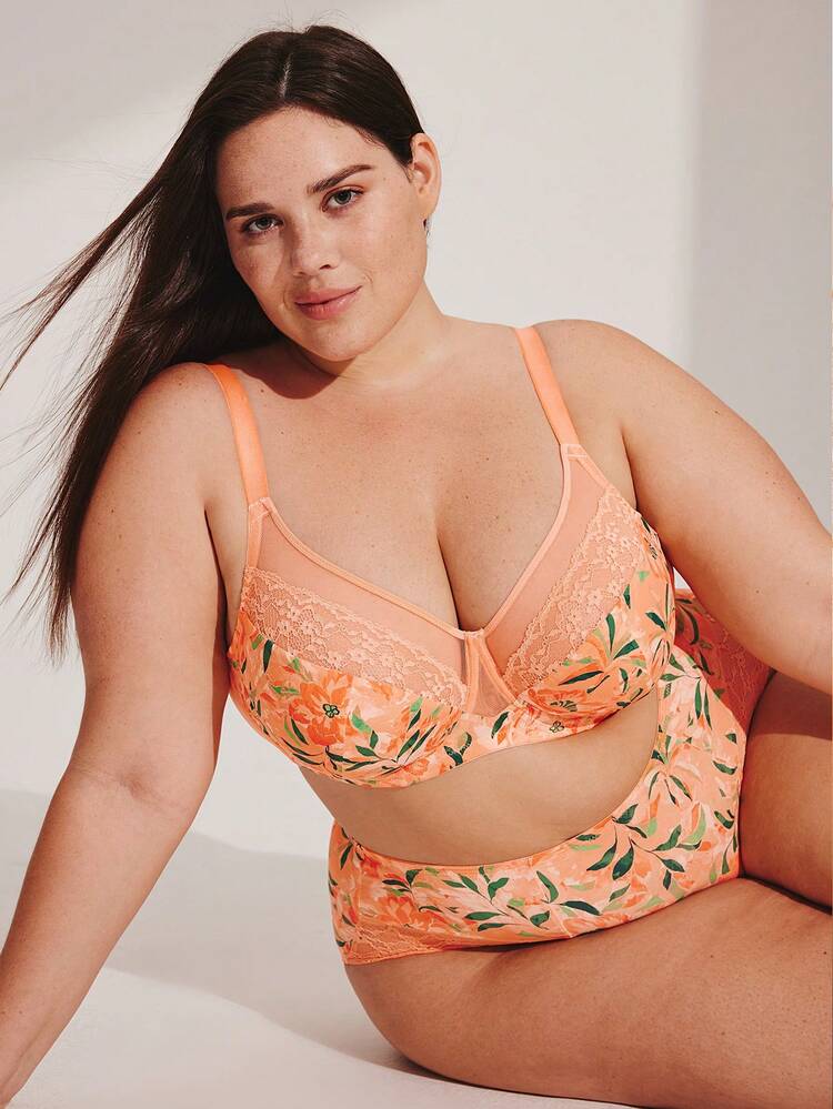 Plus Full Coverage Unlined Mesh & Lace Bra