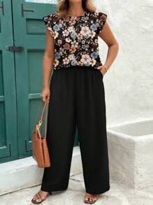 EMERY ROSE 卡其色度假风小碎花盖袖松紧腰阔腿裤两件套 优雅日常穿搭 春夏大码女装 商务休闲女装