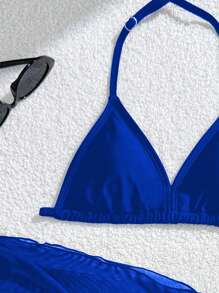 SHEIN 3pcs Girls Black Series Swimsuit Set, Beach Holiday Party, Spring/Summer Bathing Suit Set Two Pieces Set - Blue - View 3