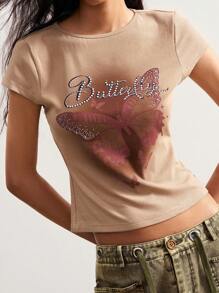 Bohemela Vacation Casual Solid-Color Knit Round Neck Short Sleeve Slim Cropped Women T-Shirt - Khaki - View 5