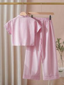 SHEIN 2 pièces/set Ensemble de chemise à manches courtes en coton tissé rayé et pantalon large pour jeunes filles. Décontracté pour printemps/été, villégiature, vacances, été, voyage