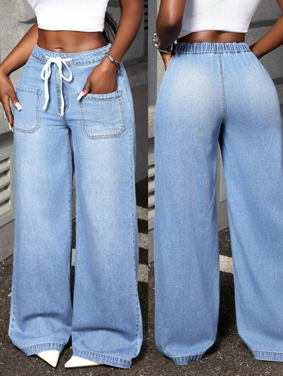Slaydiva Women's Solid Color Patch Pocket Drawstring Waist Loose Fit Jeans - Medium Wash - View 1
