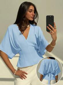 Aloruh 优雅纯色套头短袖休闲衬衫，背部蝴蝶结，简约设计，适合办公室/通勤穿着 - 淺藍色 - 查看 1