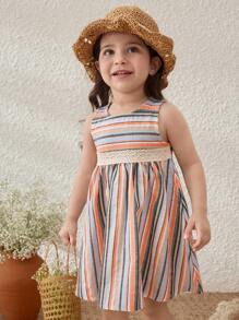 Blossori Adorable Casual Striped Sleeveless Dress For Baby Girls With Round Neck And Lace Detail - Multicolor - View 5