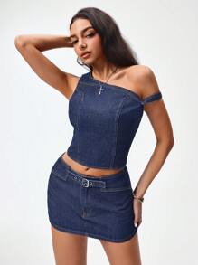 Jeanoix 女士不对称肩部短款牛仔上衣 - 深色水洗藍 - 查看 8