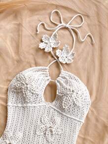 Soleia Vestido de punto ajustado con decoración floral, escote halter y recorte calado, adecuado para vacaciones, citas, té de la tarde, vacaciones, festivales de música, playa, atuendo de verano, estilo bohemio, ganchillo, lino - Blanco - Ver 5