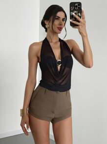Firerie Shorts courts mi-taille élégants, décontractés, de loisirs, avec poches, en marron, convenant pour la plage, l'aéroport, les sorties décontractées quotidiennes - Tabac - Voir 9