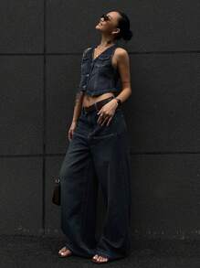 DAZY Women's Denim Vest And Pants 2-Piece Set, Spring/Summer - Navy Blue - View 3