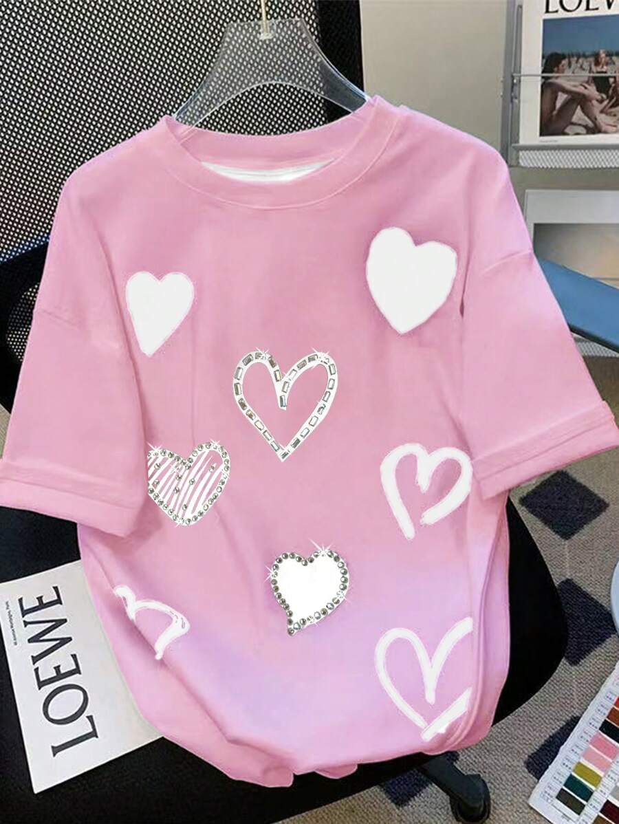 INAWLY Women's Summer Short Sleeve Heart Print Rhinestone Decor Round Neck T-Shirt