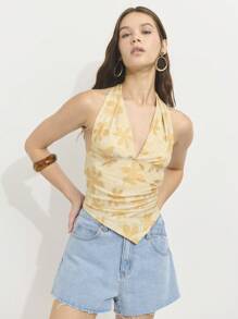 Nöista Beige Floral Halter Top,Pointed Hem Ruched Bust Summer Boho Vacation Holiday Lightweight Stretchy Fabric,Flattering Fit Festival 4th Of July Looks - Yellow - View 7