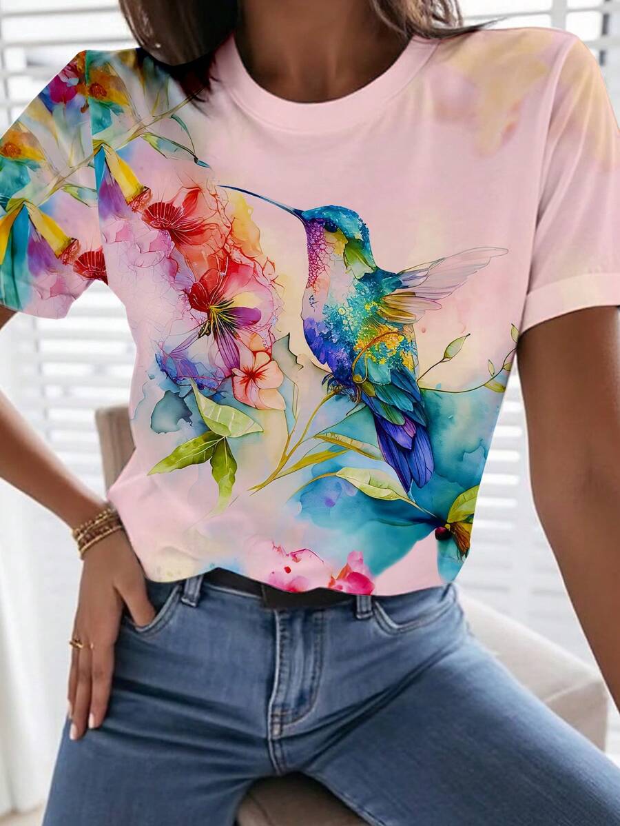 INAWLY Women's Round Neck Short Sleeve Bird & Floral Print Casual Summer T-Shirt - Multicolor - View 1