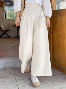 FRIFUL Women High Waist Wide Leg 7/8 Length Pants, Commuting Style, Beige, Spring/Summer - White - View 5