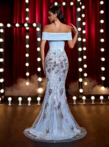 Glamrae Light Blue Sequin Embroidery Handmade Beads Applique One-Shoulder Deep V-Neck Top,Pleated Waist See-Through Fishtail Skirt Formal Dinner Dress - Baby Blue - View 4