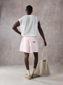 SUMWON 常规版型夏季亚麻质感条纹短裤，带刺绣口袋，休闲沙滩度假装，长款抽绳腰带，纯色 - 藕粉色 - 查看 5